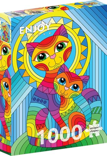 1000 Pieces Jigsaw Puzzle for Adults – Matte Finish, Soft Touch, Sturdy and Unique Pieces, Tight Fit, Vivid Colors, Missing Pieces Service – Cat and Kitten Stained Glass Illustration – by ENJOY Puzzle