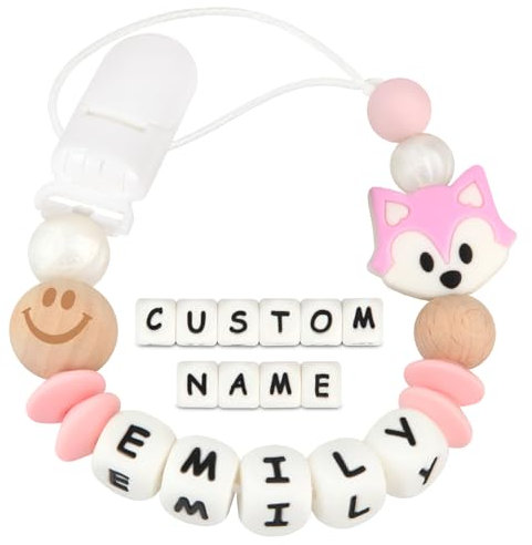 Kowlone Schnullerkette mit Namen Jungen mädchen Silikon Beißring Personalisiert Maus Schnuller Clips Halter(Rosa)