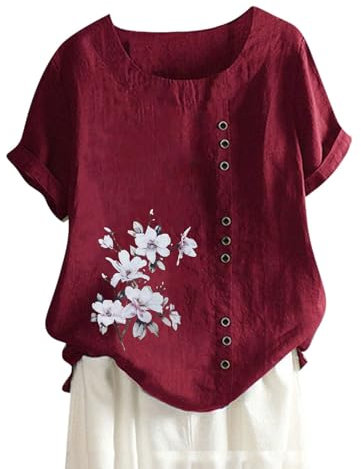 MJGkhiy Magliette Lino Donna Manica Corta Casual Tee Ampia Blusa Basic Tee Tops Blus Blusa Curvy Cotone Estiva Sciolto Maglietta Taglie Forti Maglie Donna Estive Curvy
