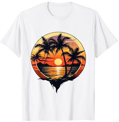 Vintage tropischer Sonnenuntergang Palmen Illustration T-Shirt