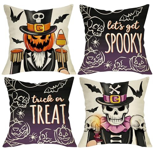 Fjfz Dekorative Halloween-Nussknacker-Kissenbezüge, 45,7 x 45,7 cm, 4 Stück, Trick or Treat Jack O Laterne, Kürbis, Skelett, Veranda, Outdoor, Heimdekoration, Let's Get Spooky, Gothic-Schädel,