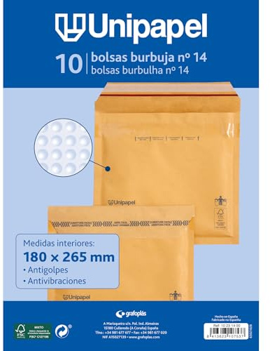 Unipapel Gepolsterte Umschläge aus Kraftpapier mit Luftpolsterfolie, Nr. 14, Maße: 180 x 265 mm, selbstklebender Verschluss, 10 Stück, perfekt für sichere und geschützte Sendungen, FSC-zertifiziert