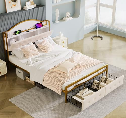 Bett 140x200 mit Lattenrost und USB-Steckdose,Bett mit Stauraum 140x200,Doppelbett,Flachbett,Erwachsenenbett,Eisenrahmenbett, eingebautes Staufach im Kopfteil,Doppelschubladen am Ende des Bettes,Gold