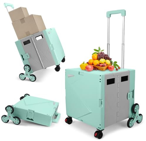 Foldable Utility Cart, Shopping Trolley Box with Stair Climber Wheels, Folding Box Cart with Adjustable Handle, Grocery Storage Box with Seat, 80KG/55L for Teachers, Office, Shopping, Home -Green Grey