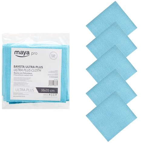Maya Bayeta Ultra Plus. Especial para Cristales y Acero Inoxidable. Máxima Absorción sin Dejar Marcas. Poder Antical y Antibacterias. Pack de 5 Unidades (Azul)