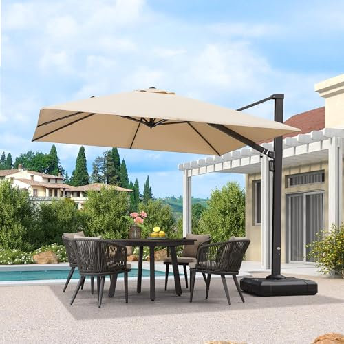 PURPLE LEAF 3 X 3 M Garden Cantilever Parasol, Large Square Garden Parasol with Crank Handle and Tilt for Balcony and Outdoor, Beige