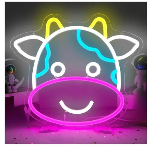 Lettres colorées Intérieur Luminaires Enseignes Lumineuses LED En Forme De Vache, 30cm X 26cm, Alimentées Par USB, Décoration De Chambre D'enfants, Veilleuse Animale Pour Chambres De Garçons