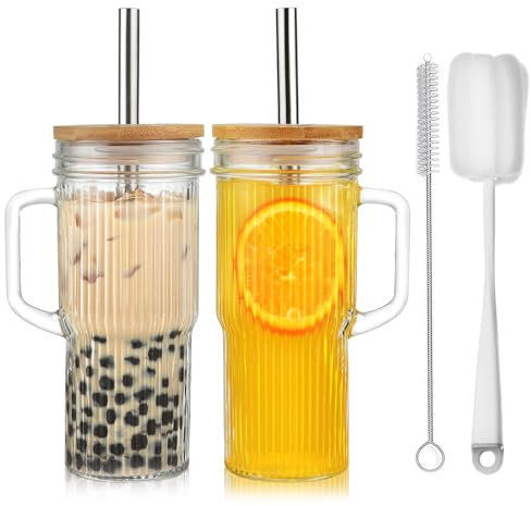 VITEVER 24oz Gerippter Glasbecher mit Deckel und Strohhalm, Eiskaffeebecher mit Griff, Mason jar Becher mit Breiter Öffnung für Smoothie, Eiskaffee, Fruchtsaft, Soda Wasser, BubbleTee