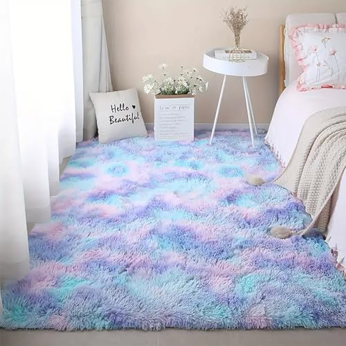 Aexpath Weicher Batik-Teppich für Schlafzimmer, Wohnzimmer, bunt, flauschig, klein, groß, 140 x 200 cm, Blau / Violett