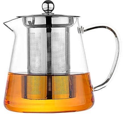 Clear Glass Teapot with Infuser,for 1 to 2 People,with Lid,Handle,Strainer,Stovetop Safe Tea Kettle Borosilicate Glass Water Jug Tea Pot Maker for Loose Leaf Tea,Hot/Iced Water (950ML)
