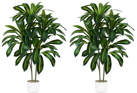TXABL 2PCS Dracaena Artificial Tree 120cm Tall Fake Tree Artificial Plants Indoor with White Planter, 4FT Floor Plant Faux Yucca Tree in Pot for Outdoor Home Office Living Room Bedroom Farmhouse