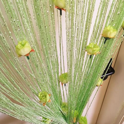YKAFADE Fadenvorhang 2 Stück 100x200cm Dekorative Gardine Raumteiler Dekoration mit Rosen Blumen Türvorhang Fliegenschutz Hochzeit Fadengardine Glitzer schön für Party,Café,Restaurant,Grün