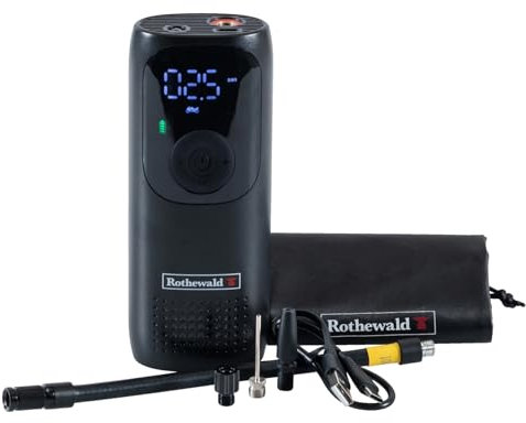 Compressore Portatile Professionale Gonfia Gomme Rothewald Pompa Aria Ricaricabile, 10,3 Bar, 2000 mAh, Display LCD, 420g, con Adattatori