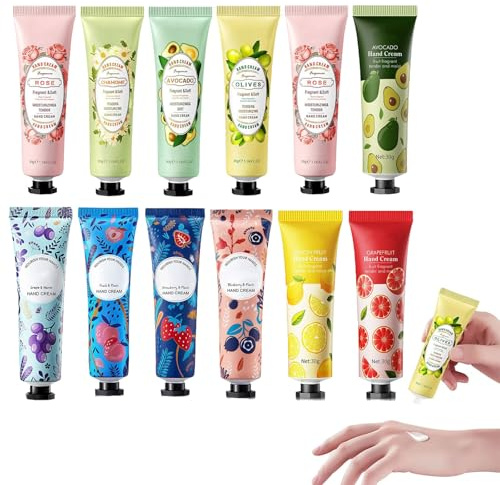 Crema de Manos,Caja Regalo para Mujer,12pcs Crema de Mano Mini,Crema Manos Agrietadas y Secas,Cremas de Manos Reparadora,Set Cremas de Manos Afrutada,para Mujer Regalo,Hand Cream