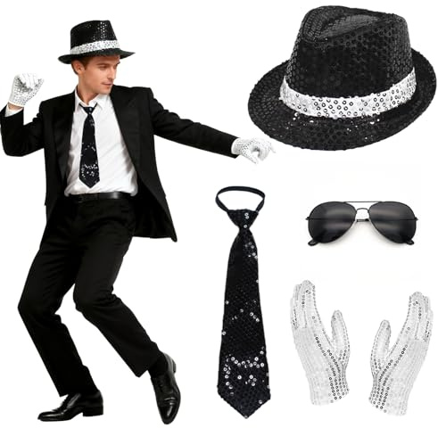 4 Pcs Michael Kostüm Zubehör, 80er-Jahre Rockstar Cosplay mit Jazz-Paillettenhut Handschuhen Glitzer Krawatte Sonnenbrille King of Pop, Verkleidungsset für Erwachsene Karneval Halloween 80s Party