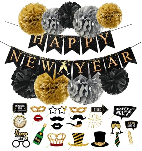 Silvester Deko 2026 Mit Happy New Year Girlande Schwarzes Gold Dekoration Party Set Neujahr Silvesterdeko 22 Fotobox+9 Stück Pompons Wiederverwendbare Silvesterpartydeko für Silvesterparty
