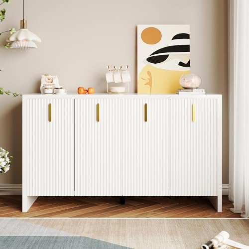ModernLuxe Wohnzimmer Kommode Sideboard 140 cm Weiß mit 4 Türen,Goldgriffen und verstellbaren Einlegeböden, Elegantes Aufbewahrungsmöbel für Wohnzimmer, Esszimmer und Flur