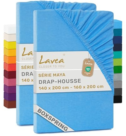 Lavea® Lot de 2 Draps-Housses 160x200 cm – Bleu Ciel | 100% Coton – Drap Housse avec Élastique Tout Autour, pour Boxspring, Épais Jusqu’à 20 cm, Certifié OEKO-TEX®