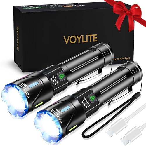 Voylite Taschenlampe LED Aufladbar 2-Stück, 1000000 Lumens Extrem Hell | Bis zu 1500m Reichweite, 3 Leuchtmodi & Zoombar, IPX7 Wasserdicht, Taktische LED Taschenlampen für Camping/Outdoor/Wandern