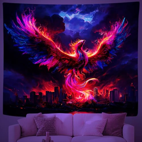 Generisch Schwarzlicht Flammender Phönix Wandteppich, UV-reaktiv Neon Flammen Muster Leuchtender Wandteppiche Wandbehang, Glow In The Dark Tapisserie für Schlafzimmer Wohnzimmer Wanddekoration, Art28