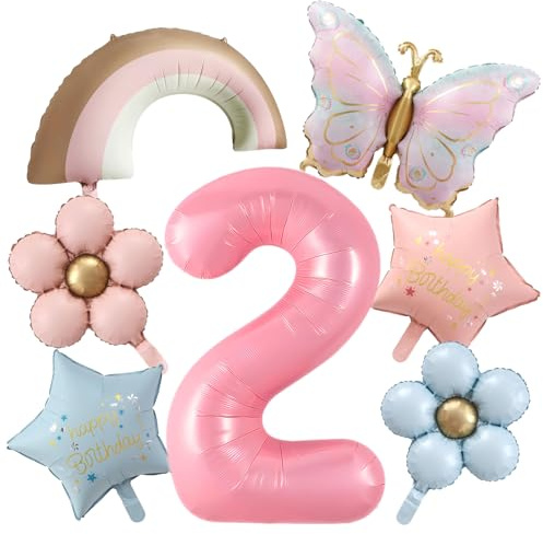 7 Stück Geburtstagsdeko 2 Jahre Mädchen | 2 Jahre Schmetterling Geburtstag Deko, Regenbogenballons, schmetterling Luftballon 2