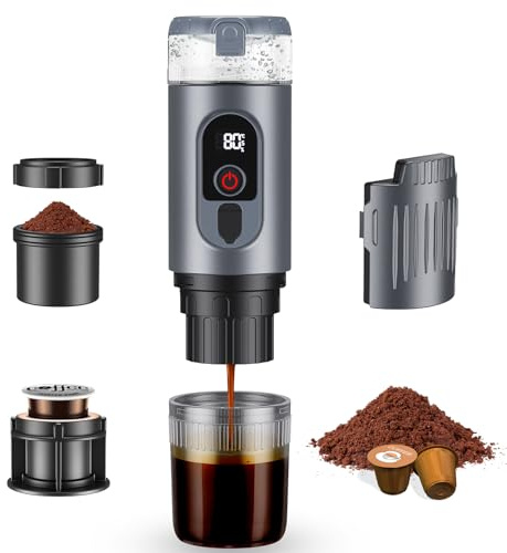 GJCrafts 2-in-1Tragbare Kaffeemaschine mit 7650 mAh Akku, 20 BAR Druck, Heiß-/Kalt-Extraktion, für Kapseln & gemahlenen Kaffee, Tragbar für Büro, Reisen & Camping (Grau)