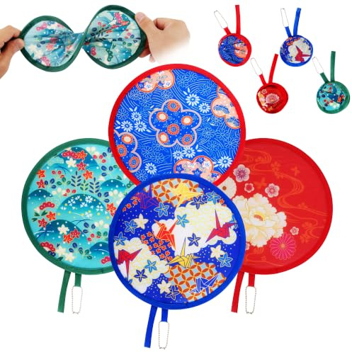 KEYIDO 4 Pcs Folding Fans Handheld Foldable Hand Fan Japanese Fold Up Manual Fan for Handbag Small Round Pop Up Fabric Fans for Women Ladies Wedding Home Decoration