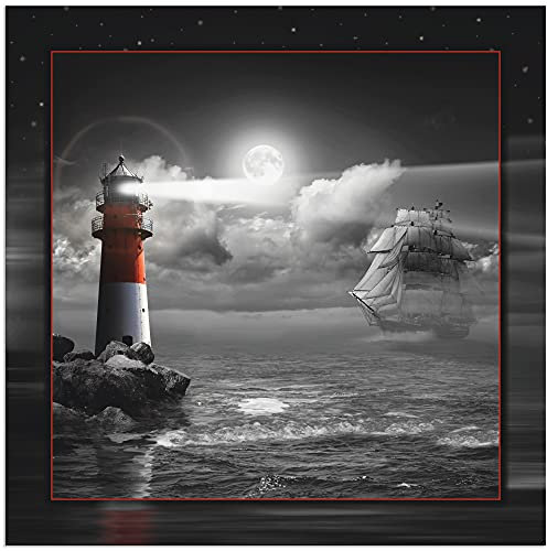 ARTland Wanddeko Wandbild Alu Verbundplatte für Innen & Outdoor Bild 50 x 50 cm Maritim Meer Küste Strand Leuchtturm Segelschiff Mond Wolken bei Nacht T6GH