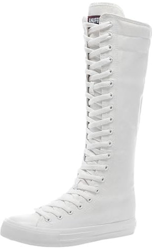 Jamron Ragazze Donna Moda Ginocchio Alta Allacciare Tela Stivali Puro Bianco Zip Stivali di Danza SN811 EU41