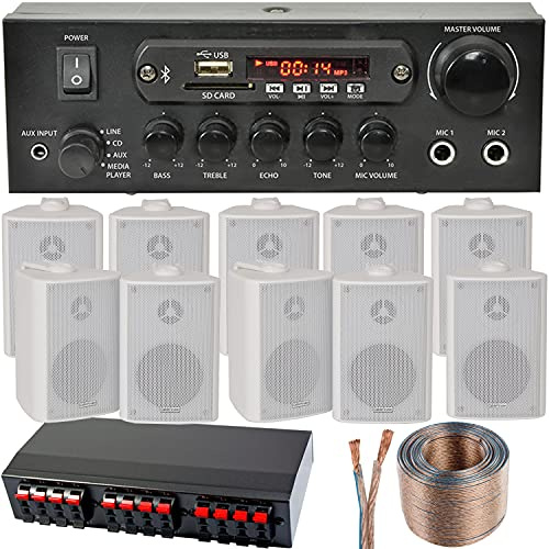 White Bluetooth Wall Speaker Systems - Bar/Home Wireless Background Music Amp Kit - Restaurant, Clubs, Pubs, Cafés | var0082 (5 Zone - 10x Wall Speaker Kit)
