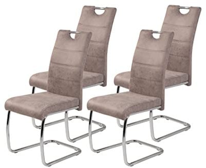 Hela Tische, 4er Set Schwingstuhl, Küchenstuhl Flora II, Microfaser Vintage Beige, Rundrohrgestell verchromt, Lehne mit Griff