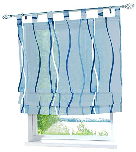 1 Stück Raffrollo mit farbigen Wellen Muster Design Raffgardine Voile Vorhang (BxH 60x140cm, Blau)