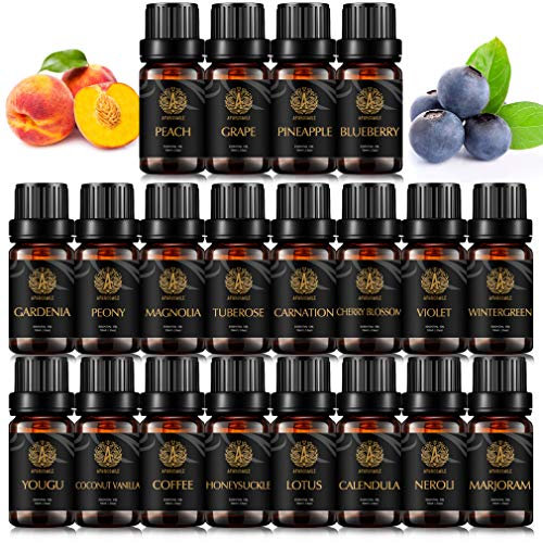Lot d'huiles essentielles de néroli 100 % pure pour diffuseur, huile essentielle d'œillet de qualité thérapeutique pour humidificateur, 20 x 10 ml d'huiles essentielles de violette d'aromathérapie -