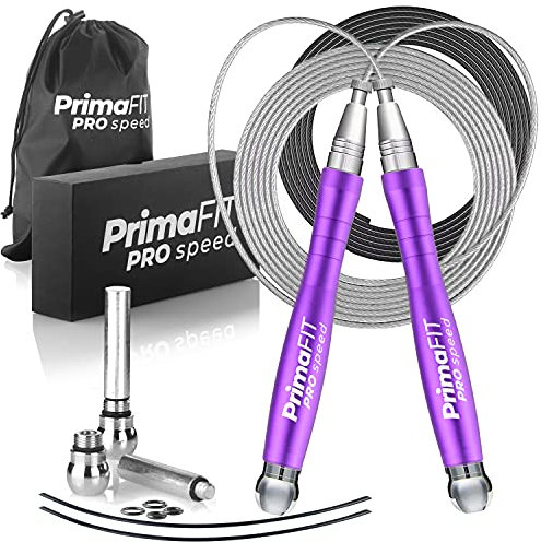 PrimaFIT Springseil Erwachsene Fitness Pro Speed Jump Rope 3m Seilspringen Verstellbar Mit Gewichten, 2 Kugellager & Anti-Rutsch Griffe, Profi Skipping Für Boxen, MMA, Crossfit, Extra Stahlseil,Tasche