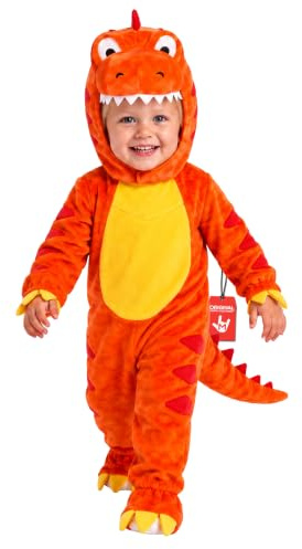 Morph Dino Kostüm Kinder, Tierisches Halloween Kostüm Kinder, 4-6 Jahre | Jumpsuit mit Schwanz & Kapuze, Oranges Dino-Design, Zum Überziehen, Perfekt für Halloween, Ideal für Rollenspiele