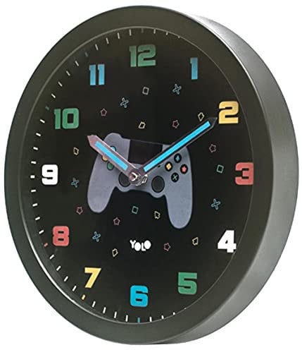YOLO GAMING CLOCK LARGE 30CM BLACK WITH COLOURFUL NUMBERS CONSOLE PICTURE IN THE MIDDLE BATTERY OPERATED (NOT INCLUDED)