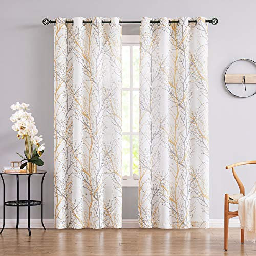 FMFUNCTEX Gelb Grau Voile Vorhänge Transparente Leinen Gardinen mit Ösen für Wohnzimmer Zweige Muster Halbtransparente Modern Ösenschal Dekoschal für Schlafzimmer 2er Set, 245 x 132 cm (H x B)