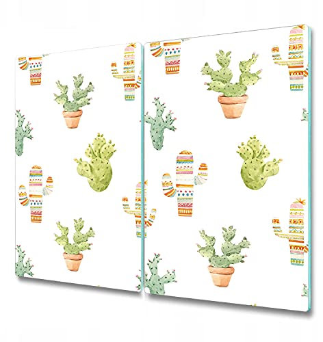 Coloray Glass Chopping Board 2X 11.8 x 20.5 inch / 2x30x52cm Tempered Safety Glass Splashback for Kitchen Protection Cutting Board Worktop - Cactus Roll Boho Style