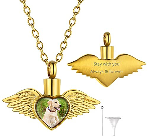 GoldChic JEWELRY Gold Necklace for Ashes Angel Wings Urn, Custom Photo Cremation Necklace for Women Mum