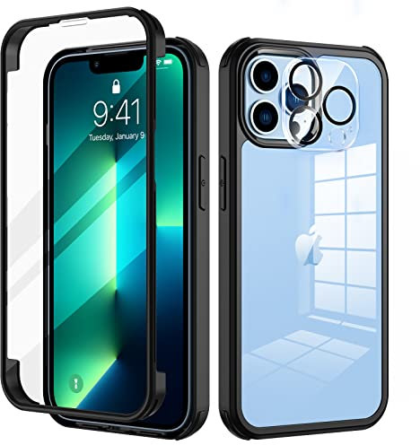 seacosmo für iPhone 13 Pro Hülle mit eingebautem Panzerglas Displayschutz und Kamera Schutzfolie [9H HD], 360 Grad Handyhülle Ganzkörper Stoßfeste iPhone 13 Pro Case - Schwarz
