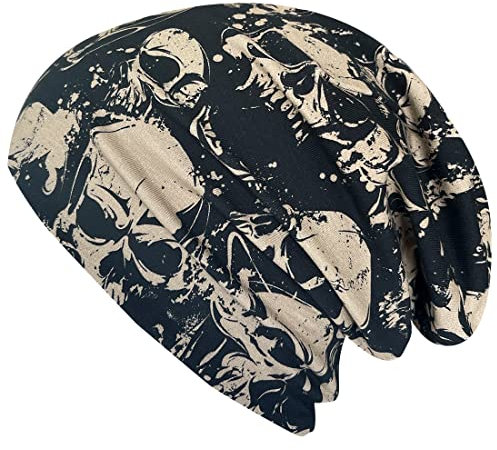 Wollhuhn ÖKO Jungen/Mädchen Bequeme Weiche Long Beanie/Mütze/Beanie-Mütze/Strickmütze/Kindermütze Jersey Gefüttert Übergangszeiten (Öko-Stoffe/Bio) (LB Skulls Taupe/Schwarz, M)