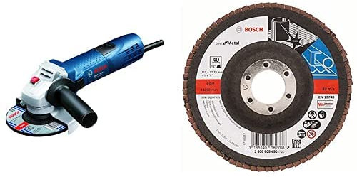 Bosch Professional Winkelschleifer GWS 7-115 E (Ø 115 mm, mit Wiederanlaufschutz, 6-stufige Drehzahlvorwahl, im Karton) + Fächerschleifscheibe (verschiedene Materialien, Ø 115 mm, Körnung 40)