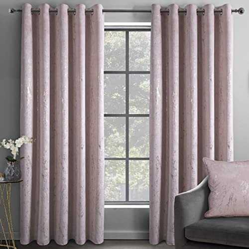 Sleepdown Marble Effect Velvet Blackout Thermal Insulated Eyelet Curtains for Bedroom and Living Room - 90x72 - Blush Pink - 2 Panels