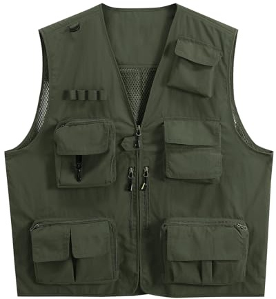 YOUTHUP Men's Outdoor Safari Outwear Gilet Hunting Hiking Fishing Multi Pocket Cargo Vest Quick Dry Photography Mesh Waistcoat Top, Green, XL