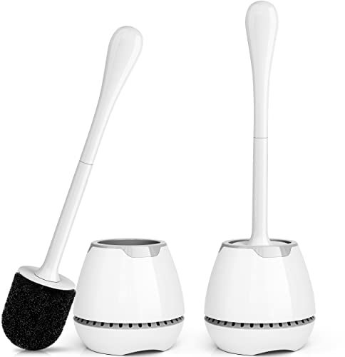 Lot de 2 brosses de Toilette avec Support ventilé et Long Manche Ergonomique, Poils durables pour Le Nettoyage de la Salle de Bain (Blanc)