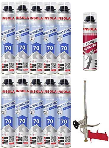 Mousse Expansive Professionnelle Montblanc INSOLA - Isolation Thermique et Phonique - 10 x 870ml - Pistolet et Nettoyant Inclus - Rénovation, Bricolage, Étanchéité