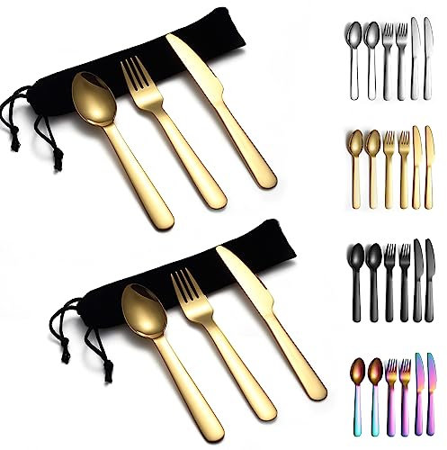 Evanda Set di posate portatili in oro 2 confezioni, include cucchiaio da forchetta per coltelli, posate da campeggio placcate in titanio dorato con borsa, per esterni, picnic, campeggio, viaggio