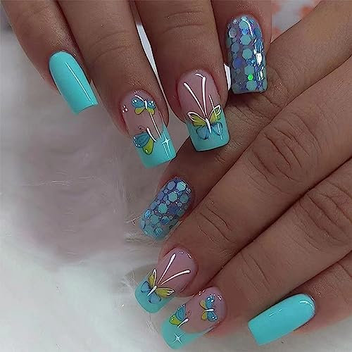 24PCs Square False Short Stick-on Nails Blue Press-on False Nails with Butterfly Patterns - Removable Glue-on Full Cover Nails for Women Girls - Nail Art Accessories