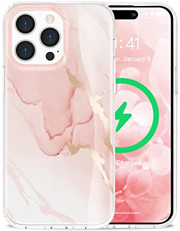 Togestar für iPhone 15 Pro Hülle Marmor, [Verblasst Nicht] MoonRiver Series Ultra Dünn Aesthetic Glitzer Handyhülle, Flexibel Silikon TPU Schutzhülle Marble Case, Pink