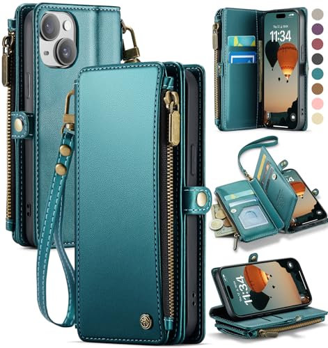 Defencase Compatible with iPhone 13 Mini Case Wallet with RFID Blocking Card Holder for Women Men, PU Leather Magnetic Snap Flip Zipper Strap Wallet Phone Case Fit for iPhone 13 Mini 5.4, Blue Green
